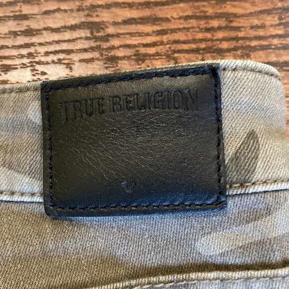 True Religion Jeans Halle Mid Rise Super Skinny Green Camo Distressed Size 26