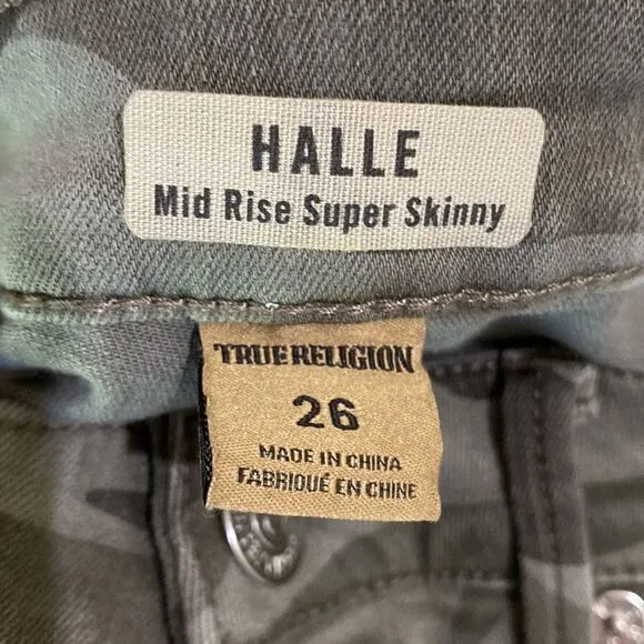 True Religion Jeans Halle Mid Rise Super Skinny Green Camo Distressed Size 26