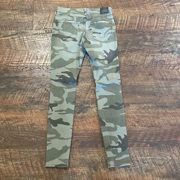 True Religion Jeans Halle Mid Rise Super Skinny Green Camo Distressed Size 26