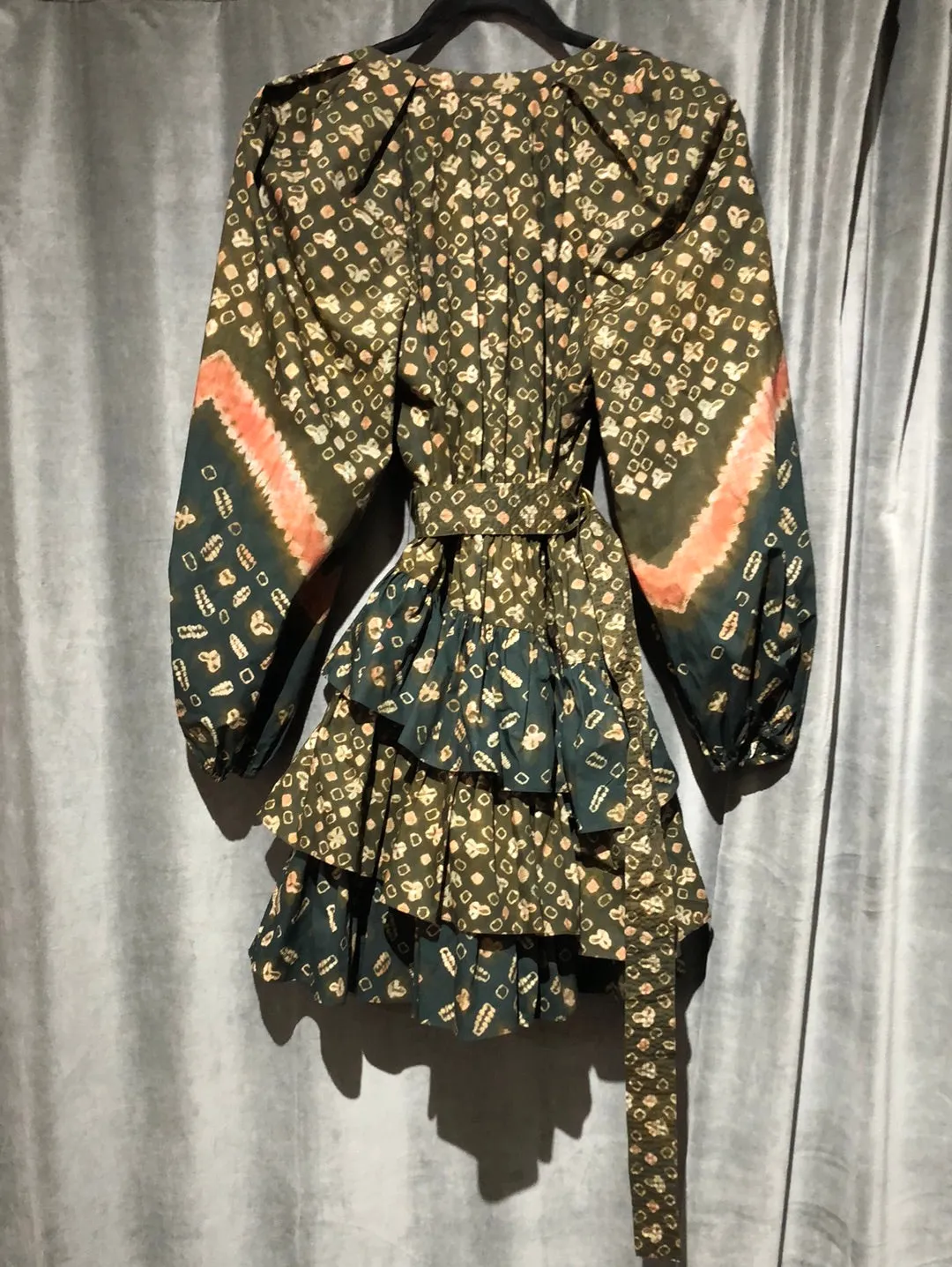 Ulla Johnson Green Mixed Print Puff Shoulder Mini Dress