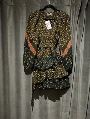 Ulla Johnson Green Mixed Print Puff Shoulder Mini Dress