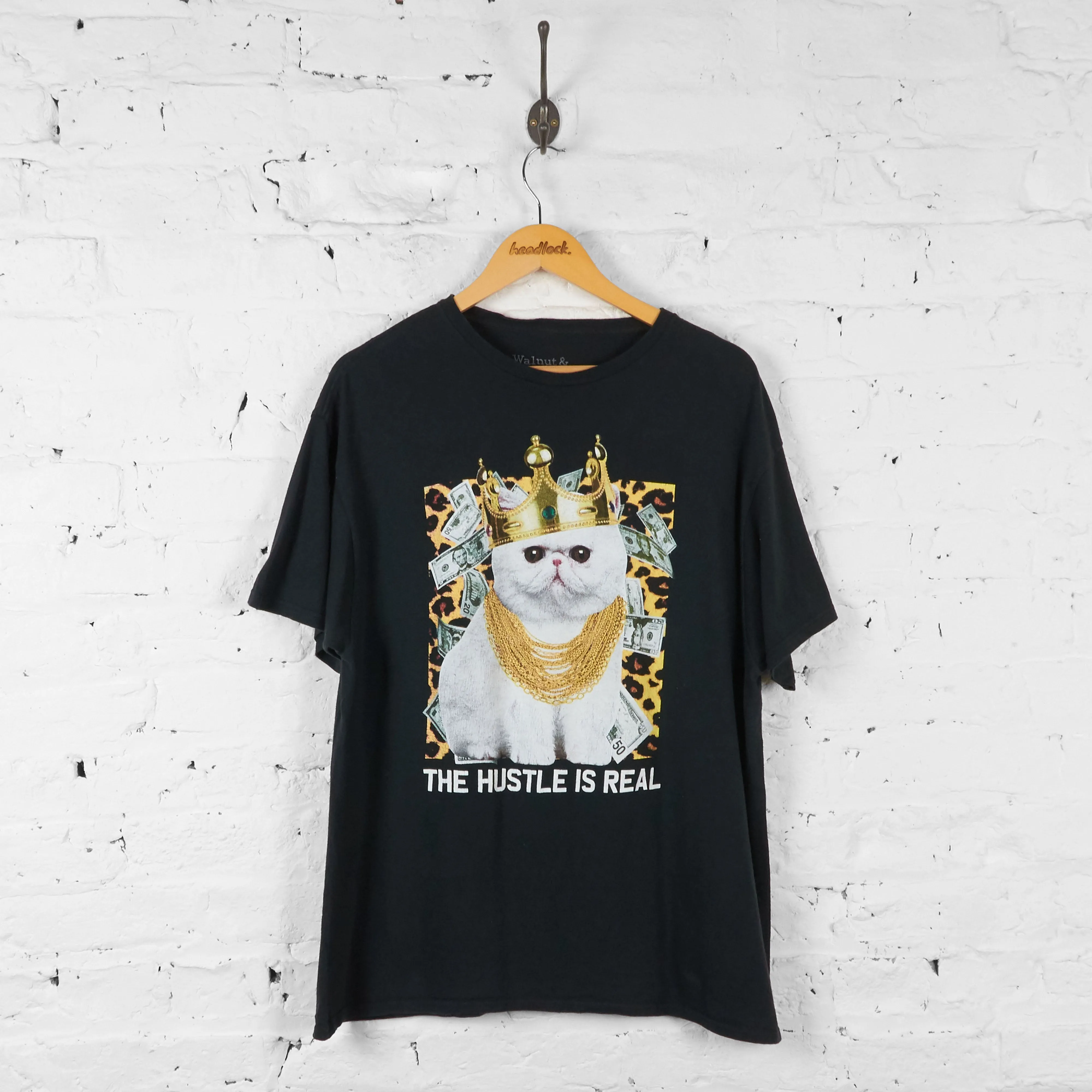 Vintage The Hustle Is Real Cat T-shirt - Black - XL