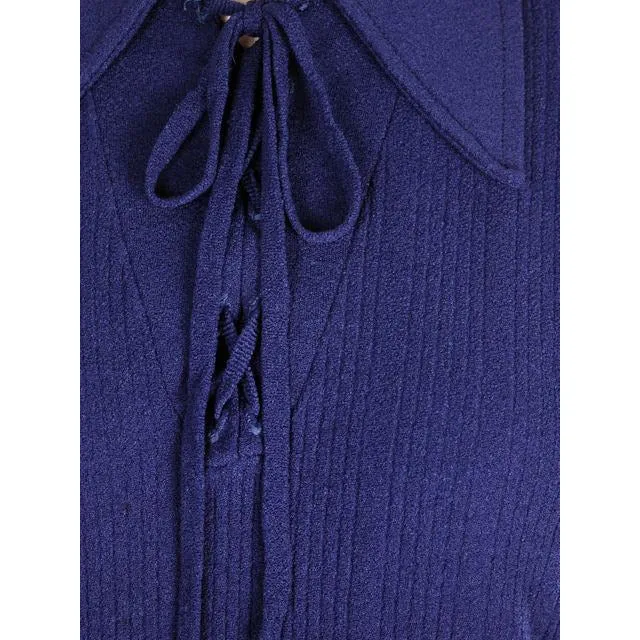Vintage Ultra 1970s Knit Top Navy Blue  Lace Front Med- Lg