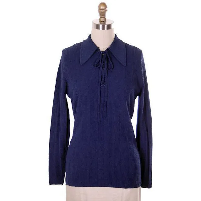 Vintage Ultra 1970s Knit Top Navy Blue  Lace Front Med- Lg