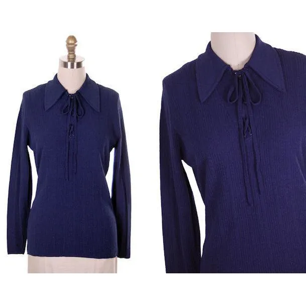 Vintage Ultra 1970s Knit Top Navy Blue  Lace Front Med- Lg