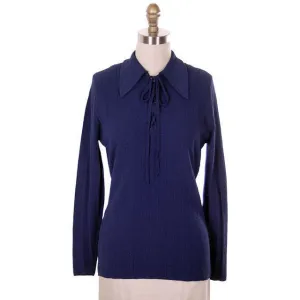 Vintage Ultra 1970s Knit Top Navy Blue  Lace Front Med- Lg