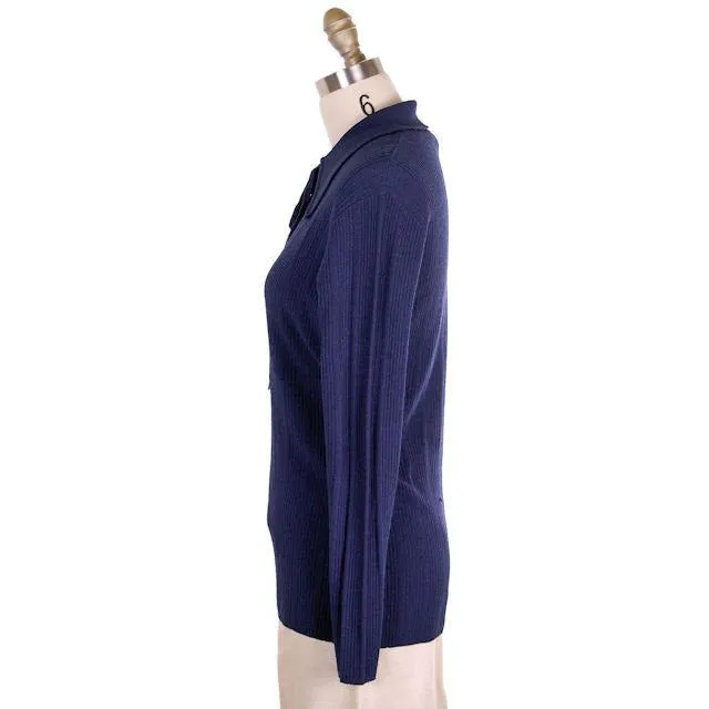 Vintage Ultra 1970s Knit Top Navy Blue  Lace Front Med- Lg