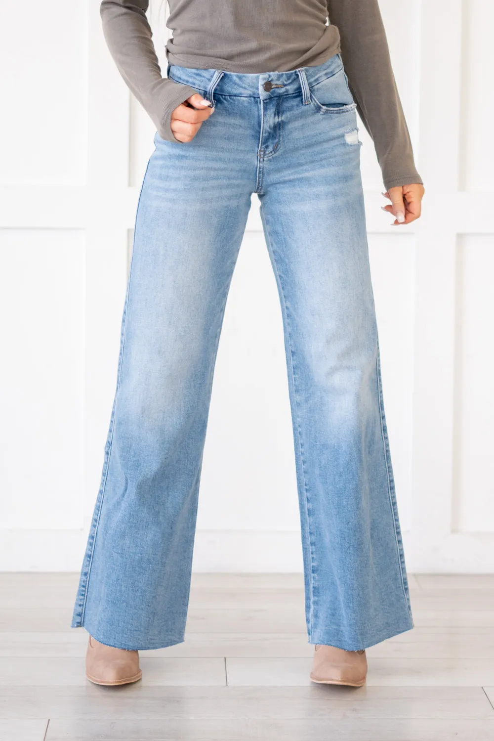 Vouchsafe Mid Rise Raw Hem Wide Leg Jeans