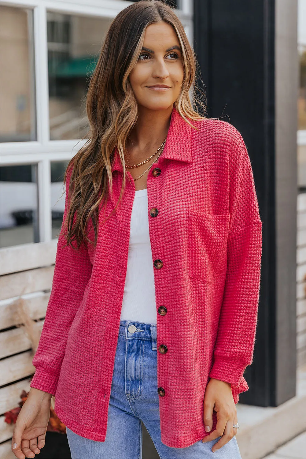 Waffle-Knit Collared Neck Dropped Shoulder Shirt (3 Colors)