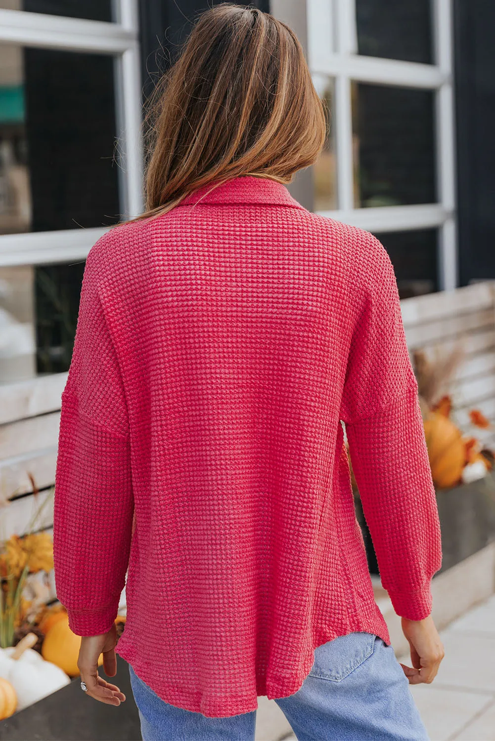 Waffle-Knit Collared Neck Dropped Shoulder Shirt (3 Colors)