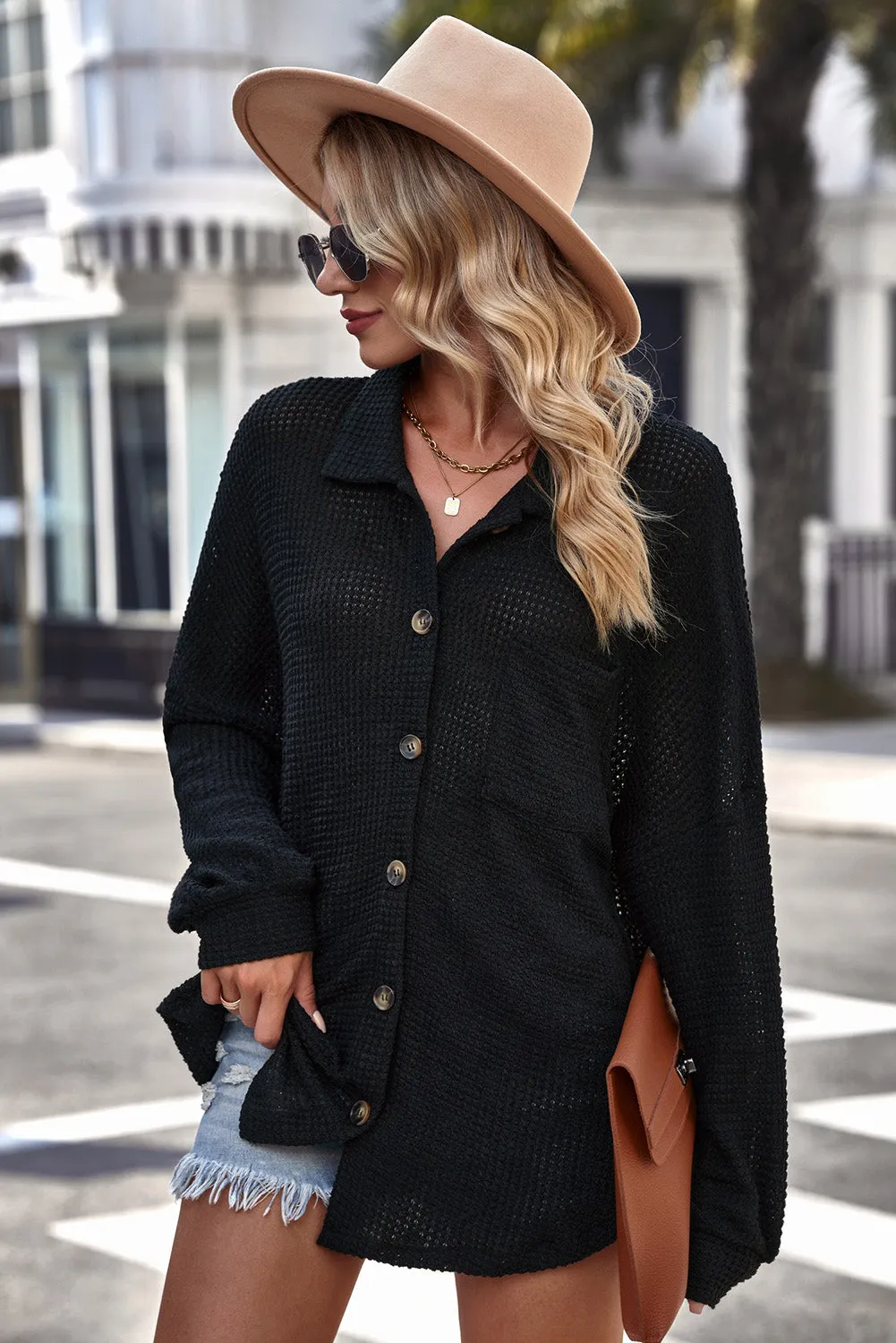 Waffle-Knit Collared Neck Dropped Shoulder Shirt (3 Colors)