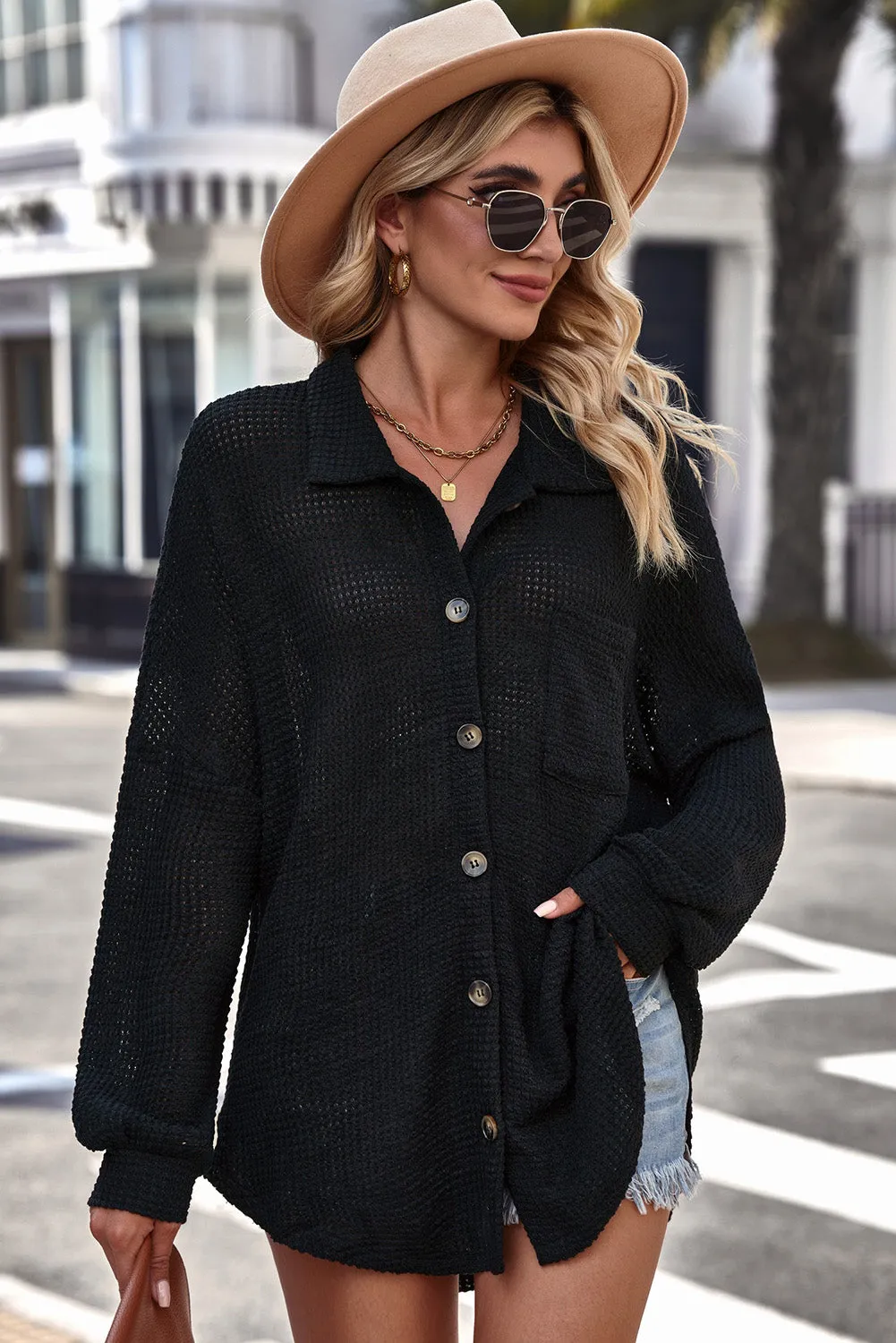 Waffle-Knit Collared Neck Dropped Shoulder Shirt (3 Colors)