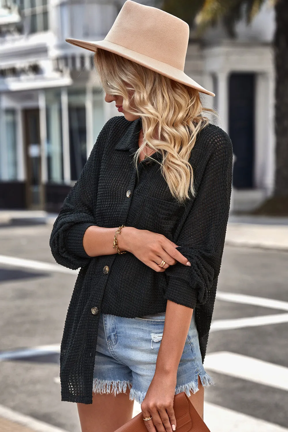 Waffle-Knit Collared Neck Dropped Shoulder Shirt (3 Colors)