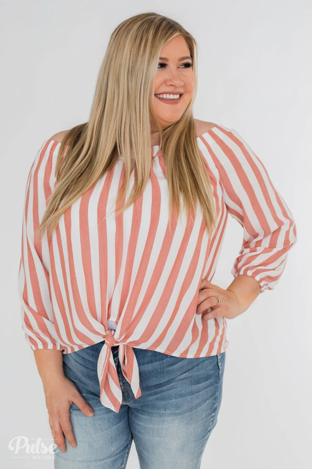 Warmer Weather Off The Shoulder Striped Top- Light Salmon
