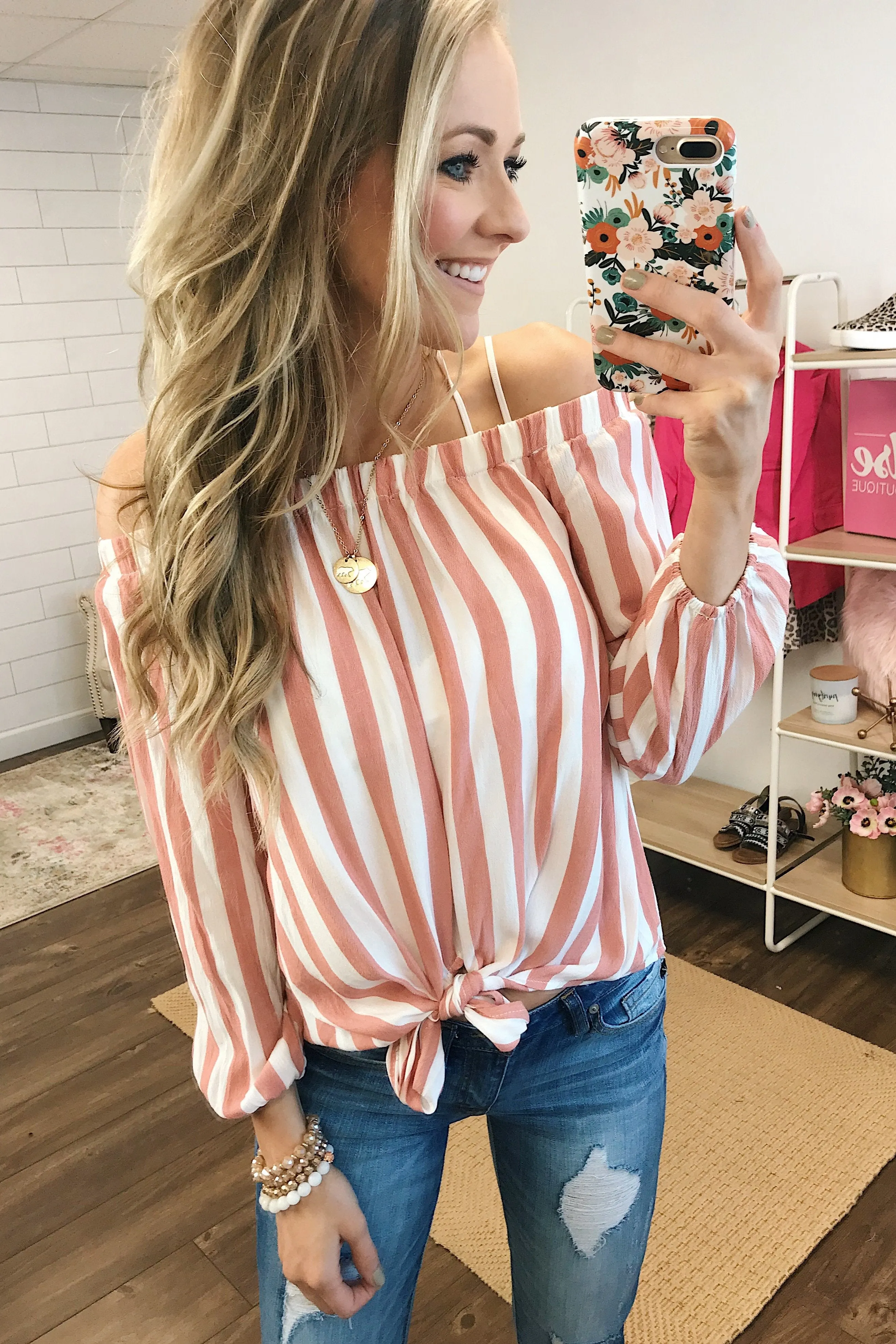 Warmer Weather Off The Shoulder Striped Top- Light Salmon