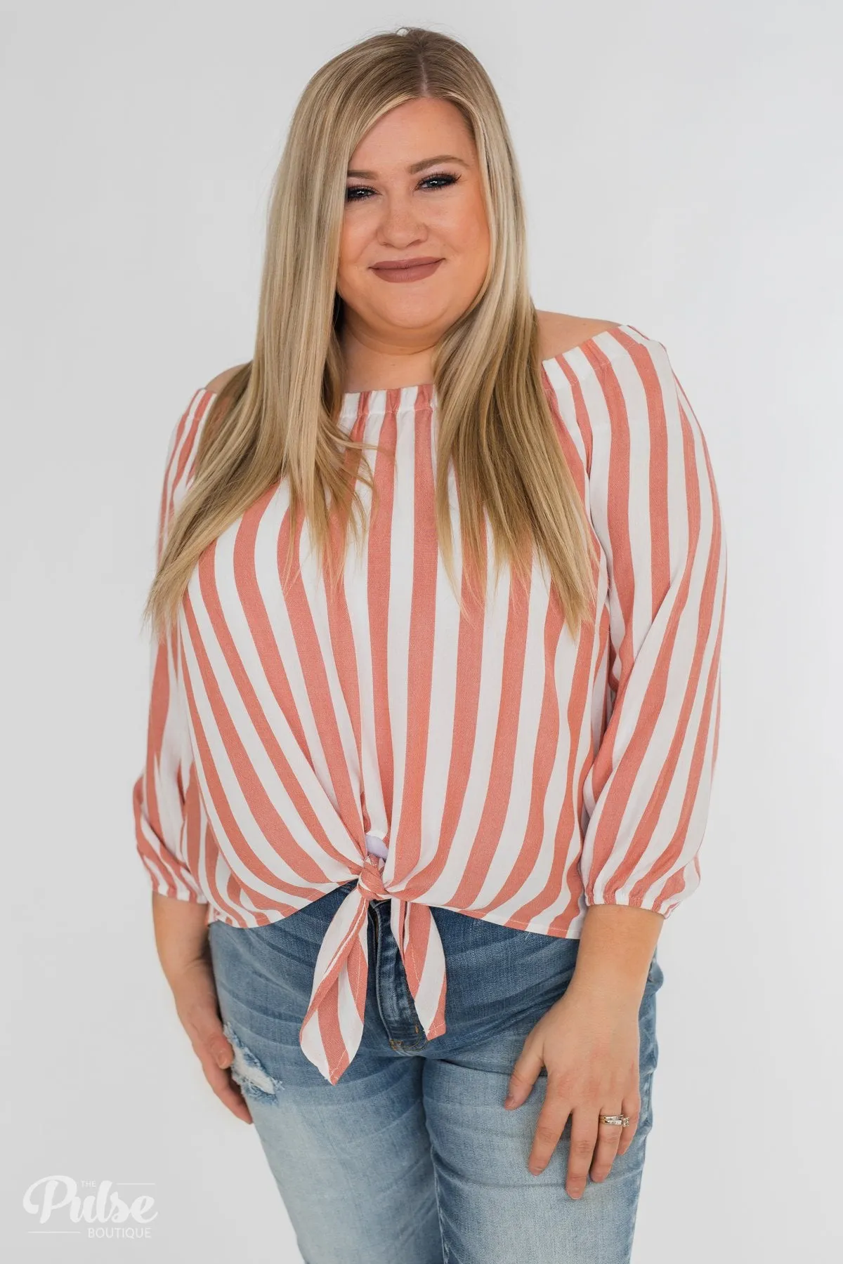 Warmer Weather Off The Shoulder Striped Top- Light Salmon