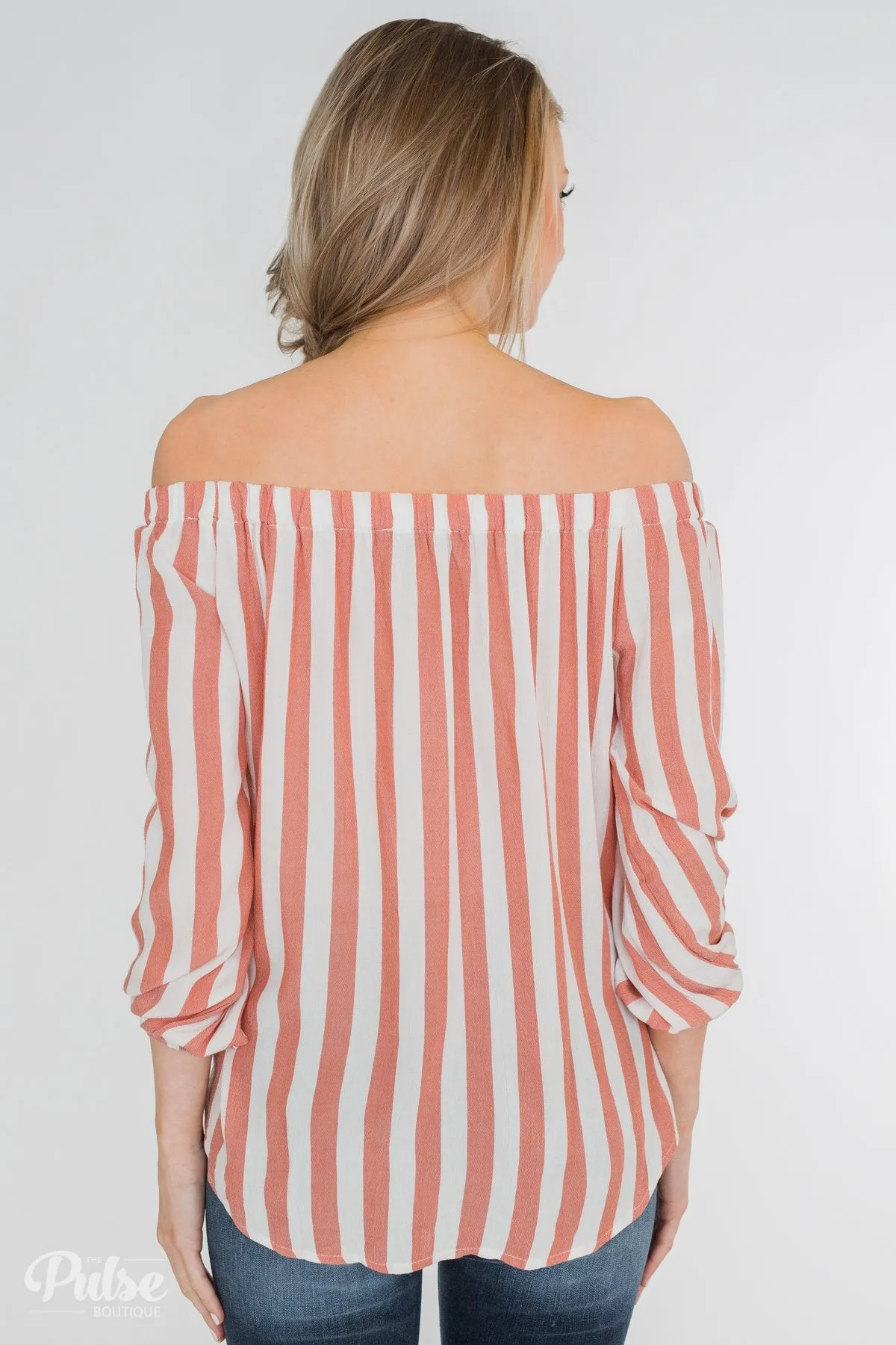 Warmer Weather Off The Shoulder Striped Top- Light Salmon