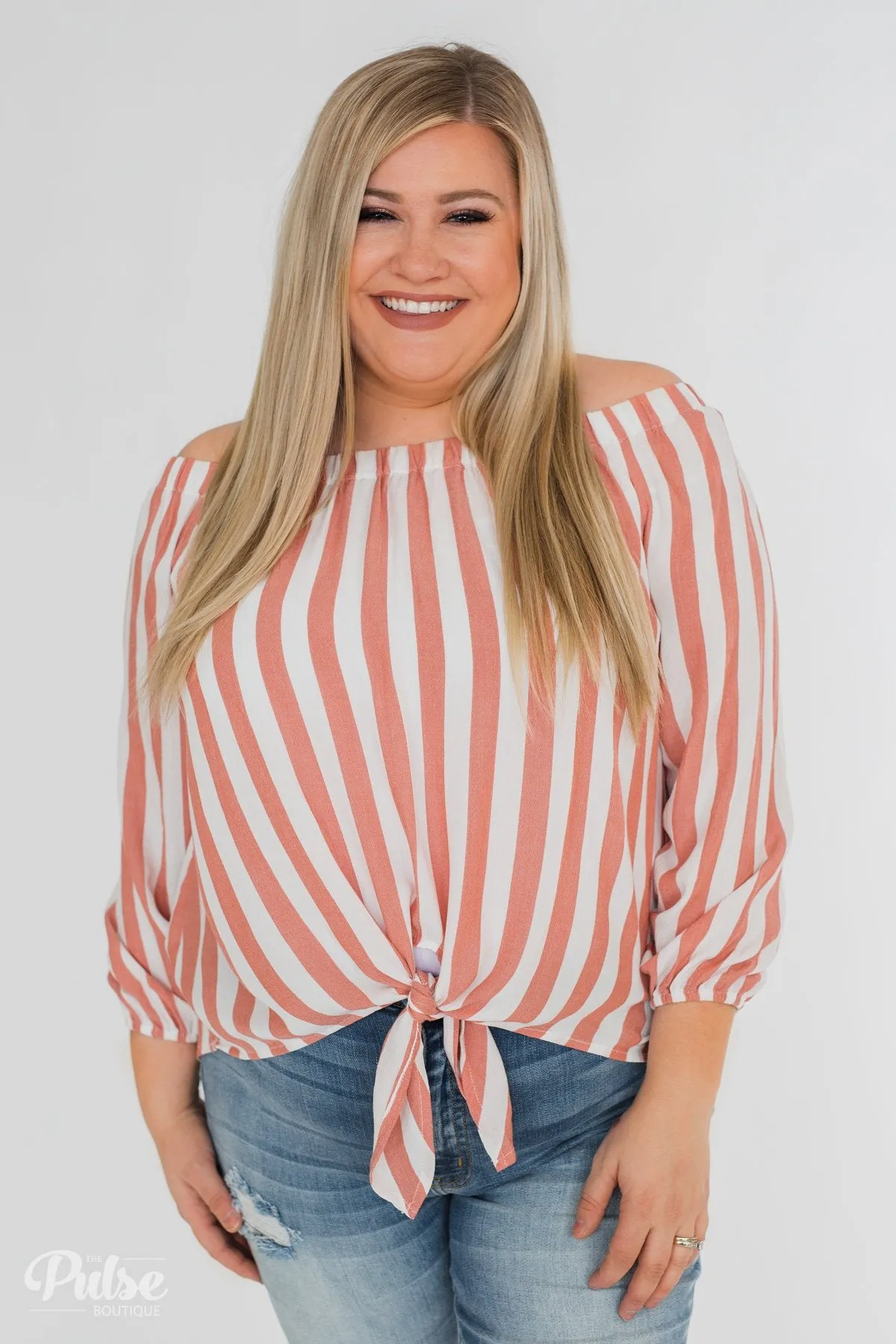 Warmer Weather Off The Shoulder Striped Top- Light Salmon