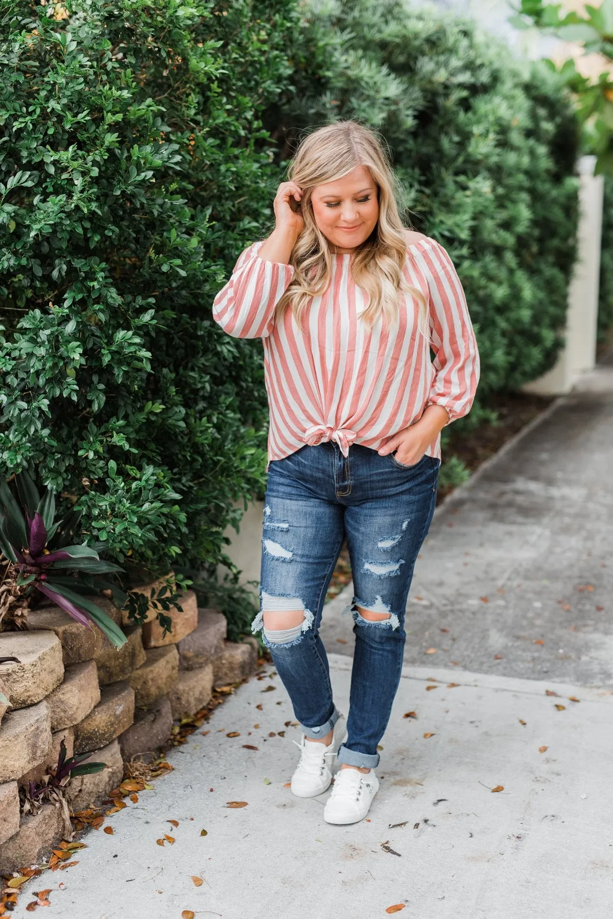 Warmer Weather Off The Shoulder Striped Top- Light Salmon