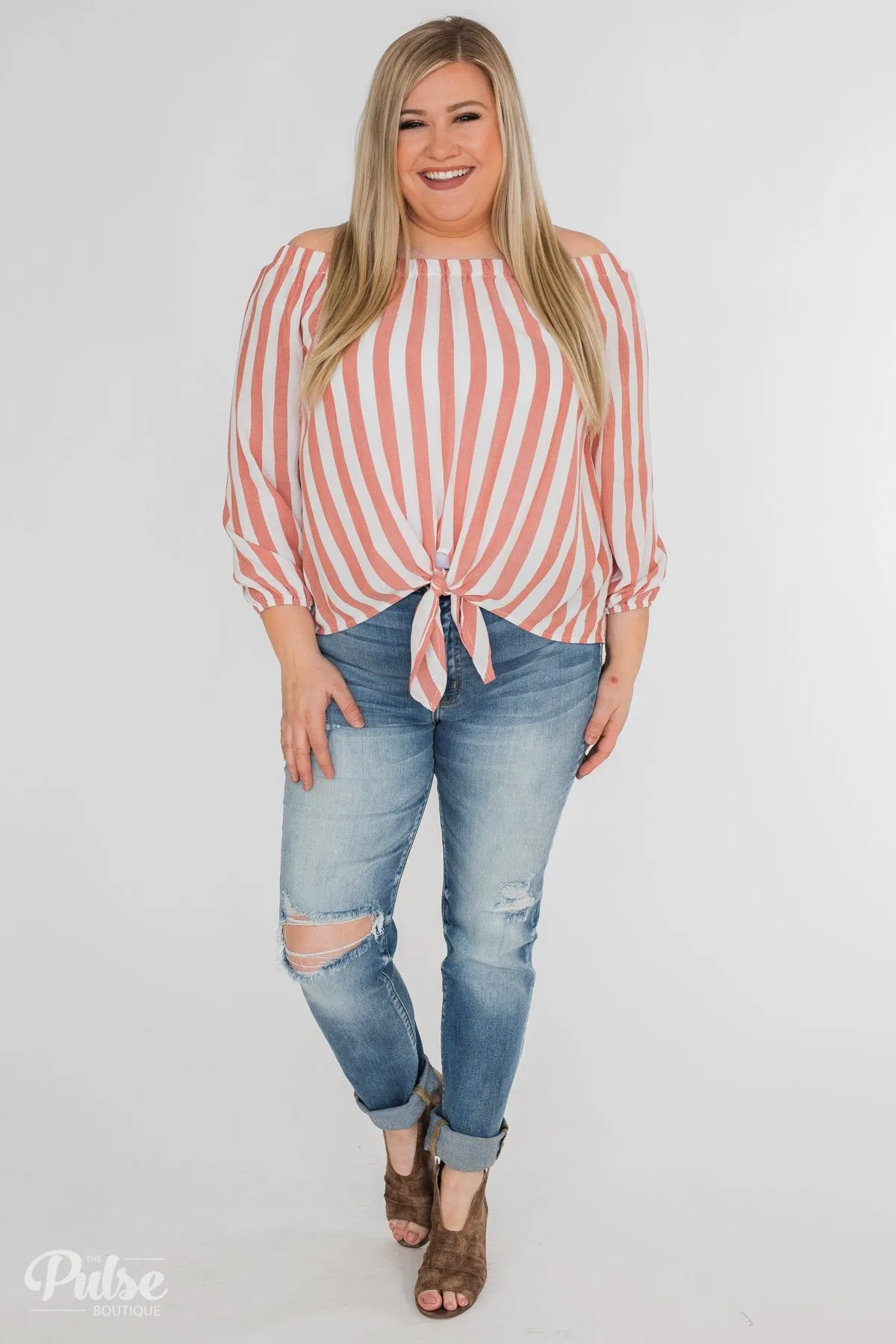 Warmer Weather Off The Shoulder Striped Top- Light Salmon