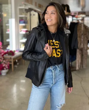 Washable Black Hannah Zip Hood Leather Jacket