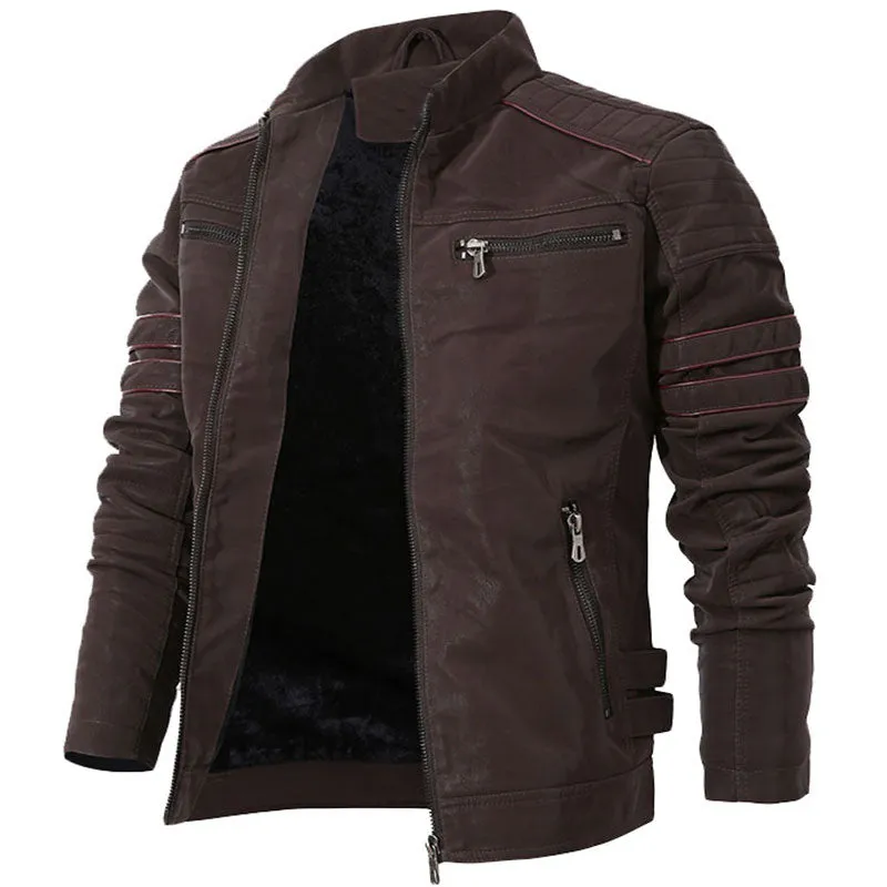 West Louis™ Stand Collar Motorcycle Washed Velour Leather Jacket