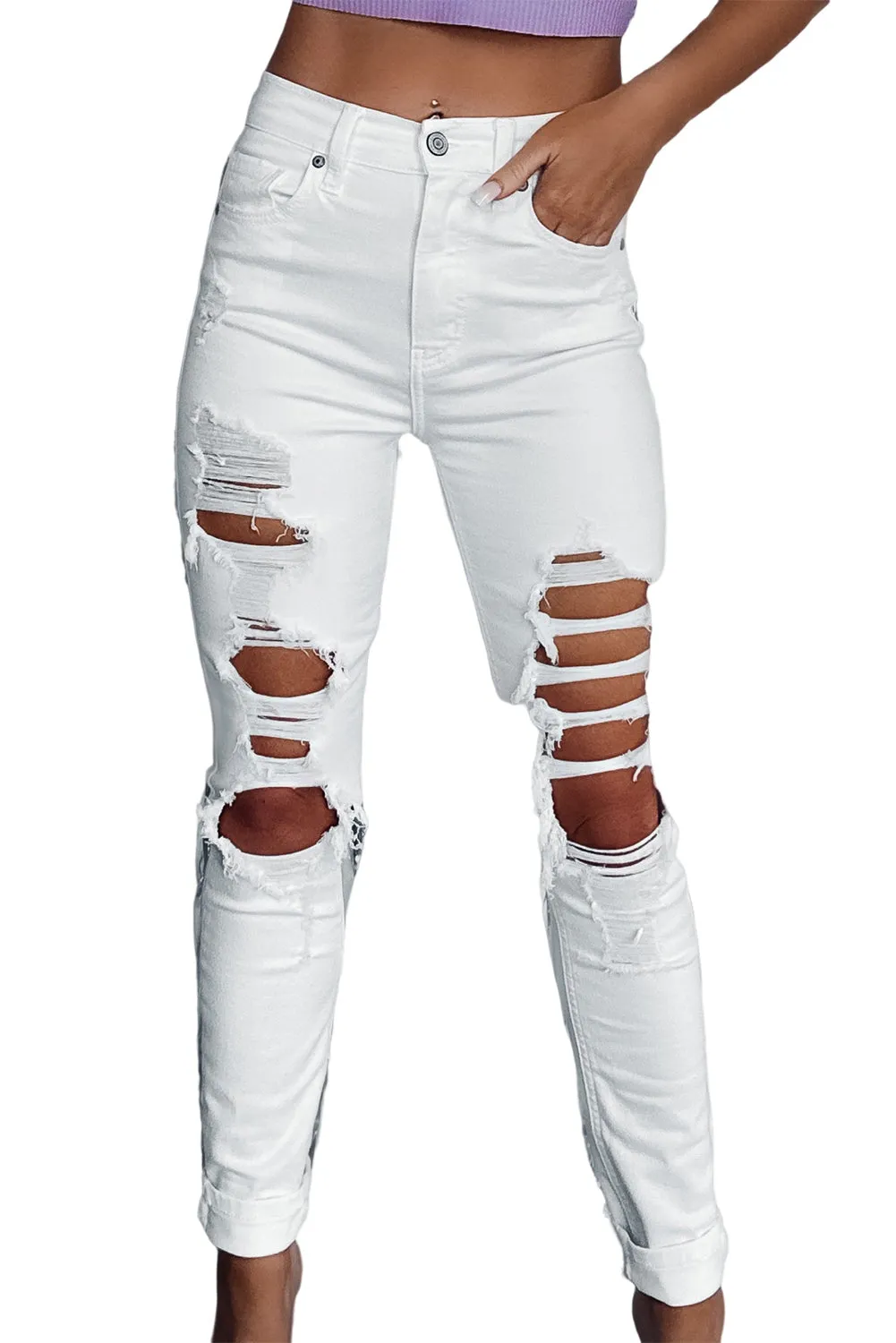 White Distressed Ripped Holes High Waist Skinny Jeans