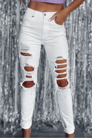 White Distressed Ripped Holes High Waist Skinny Jeans