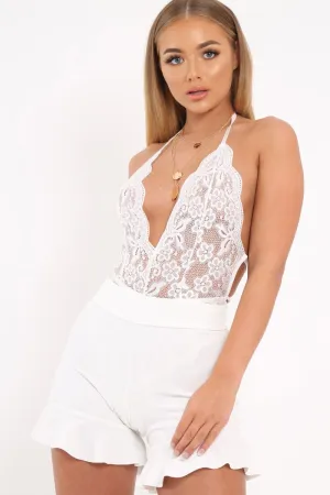 White Floral Lace Plunge Bodysuit - Parris
