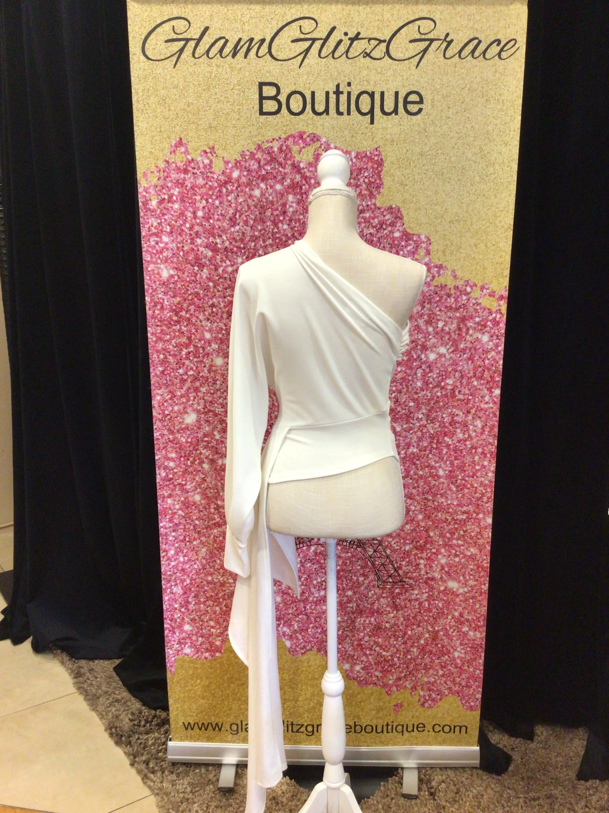 White Long Sleeves One Shoulder Fitted Top