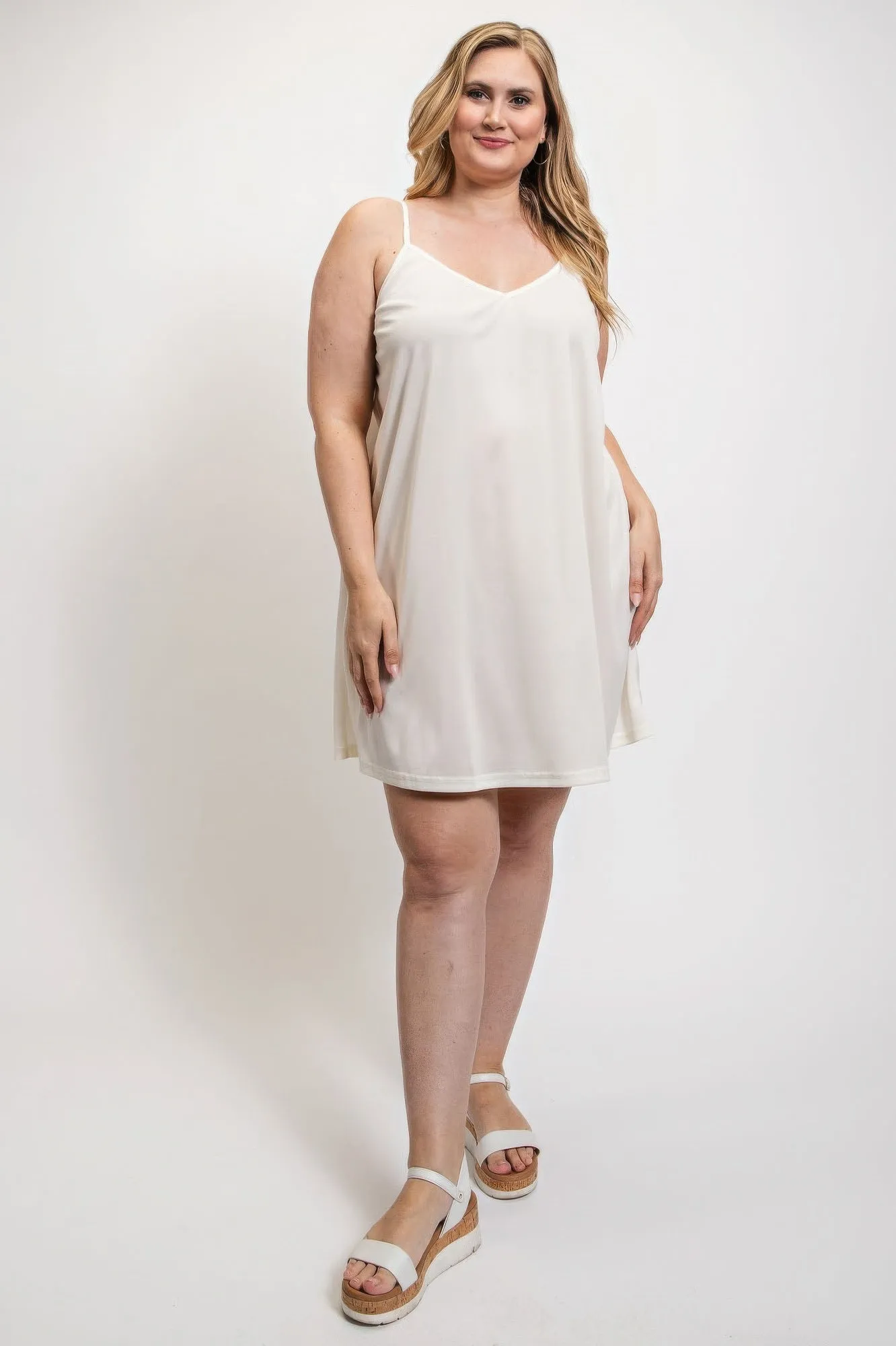 White Plus Size V-neck slip dress with adjustable straps