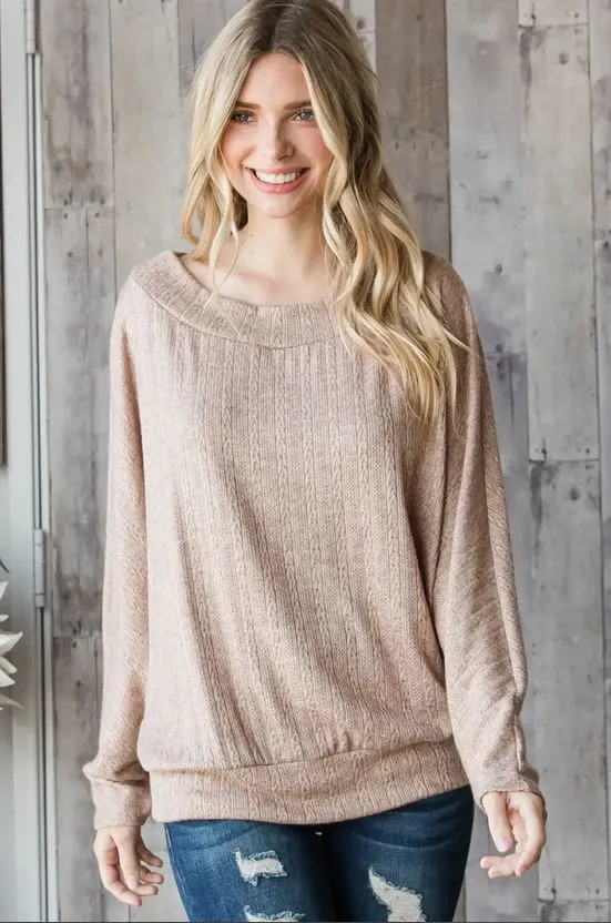 Wide Neck Thin Knit Sweater Top - Light Mocha