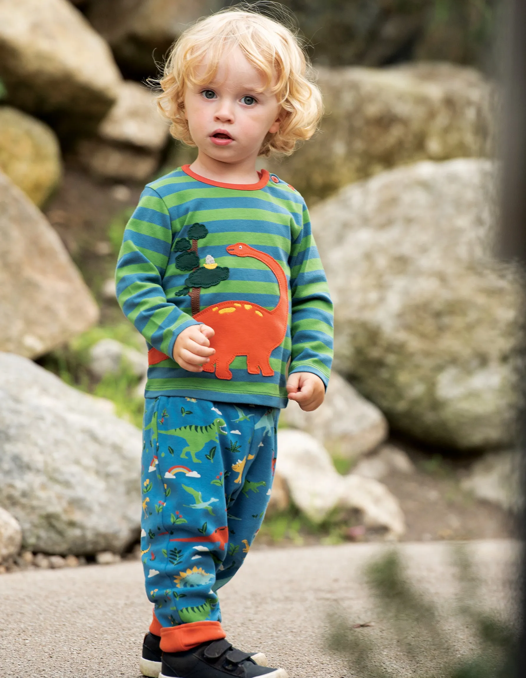 Wilf Wraparound Applique Top - Meadow Stripe/Dino