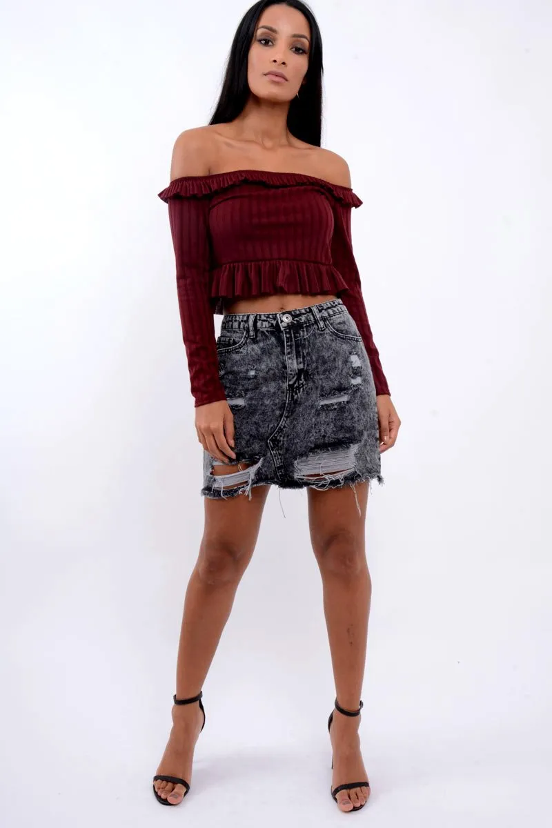 Wine Ruffle Hem Ribbed Bardot Crop Top - Kaitlyn