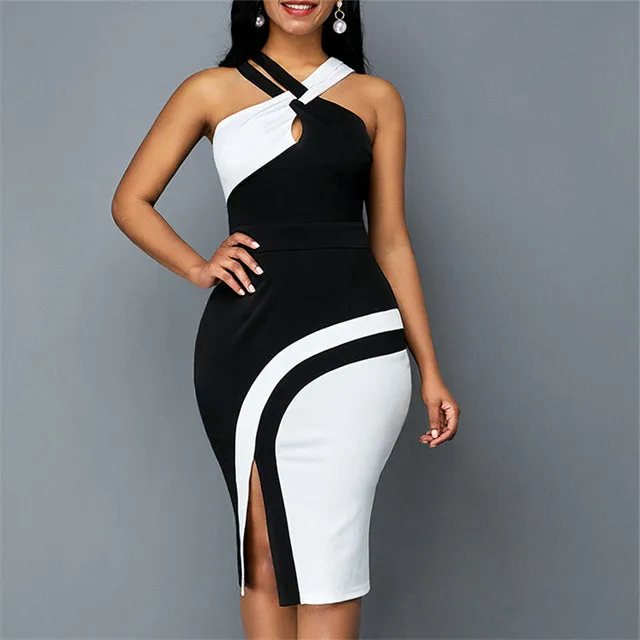 Women Fashion Patchwork Dress 2022 Summer New Sexy Halter Slit Bodycon Slip Dress Female Casual Robe High Waist Party Dresses