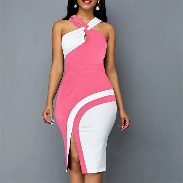 Women Fashion Patchwork Dress 2022 Summer New Sexy Halter Slit Bodycon Slip Dress Female Casual Robe High Waist Party Dresses
