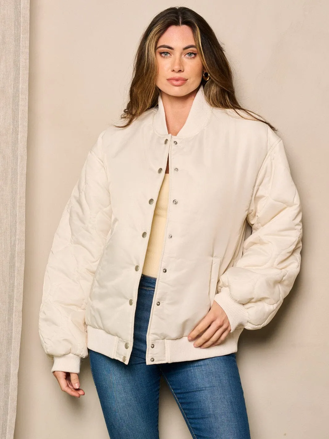 WOMEN'S LONG SLEEVE BUTTON CLOSURE POCKETS BOMBER JACKET