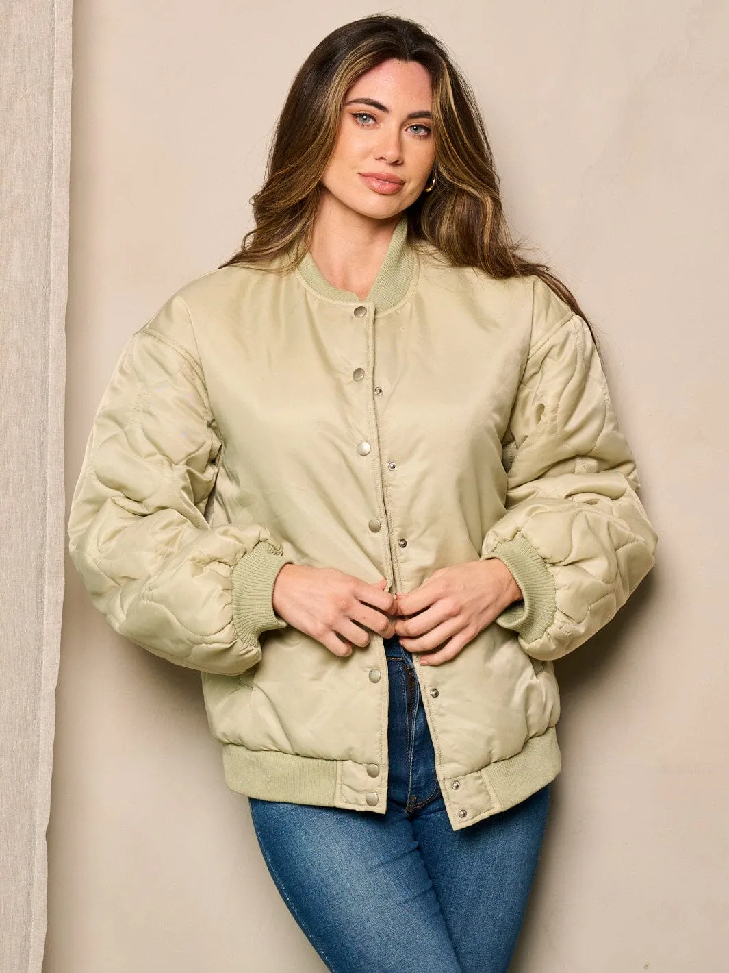 WOMEN'S LONG SLEEVE BUTTON CLOSURE POCKETS BOMBER JACKET
