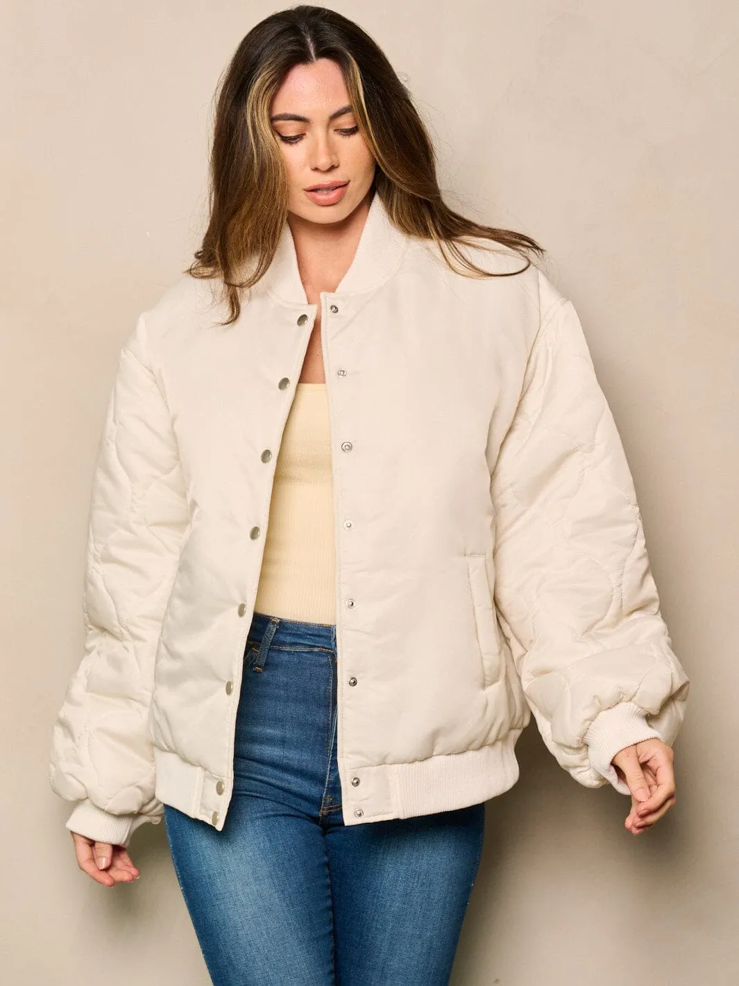 WOMEN'S LONG SLEEVE BUTTON CLOSURE POCKETS BOMBER JACKET