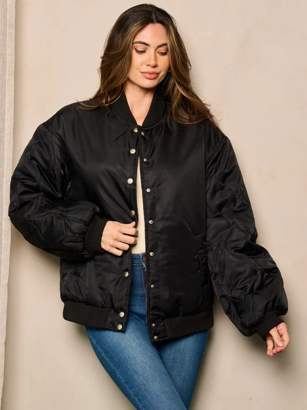 WOMEN'S LONG SLEEVE BUTTON CLOSURE POCKETS BOMBER JACKET
