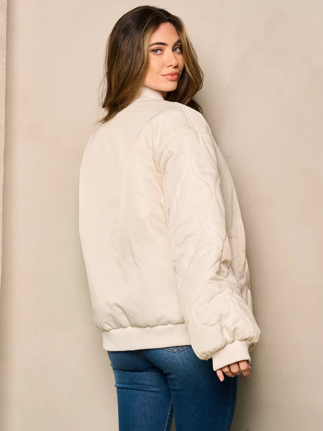 WOMEN'S LONG SLEEVE BUTTON CLOSURE POCKETS BOMBER JACKET