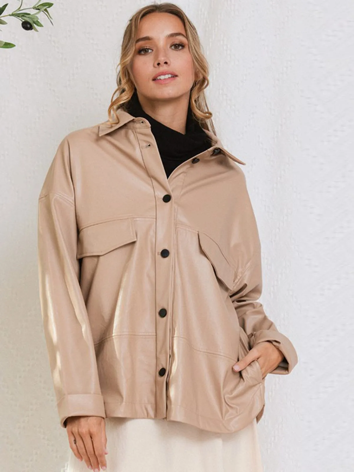 WOMEN'S LONG SLEEVE BUTTON UP PU PLEATHER JACKET