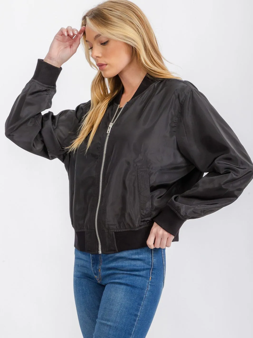 WOMEN'S LONG SLEEVE POCKETS ZIPPER CLOSURE BOMBER JACKET