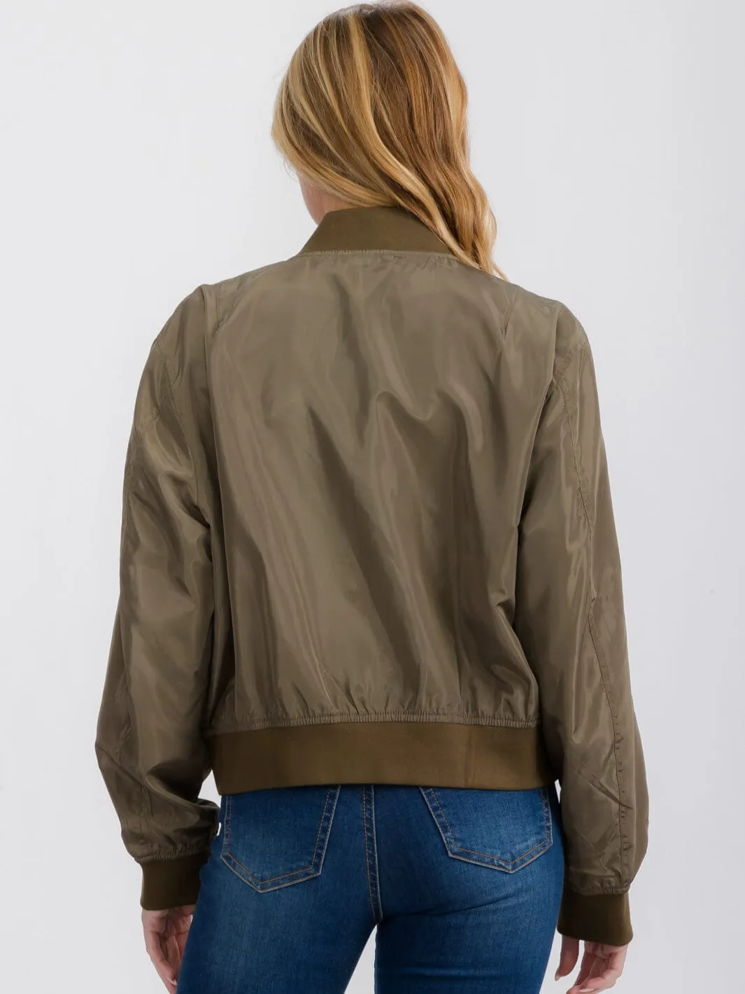 WOMEN'S LONG SLEEVE POCKETS ZIPPER CLOSURE BOMBER JACKET