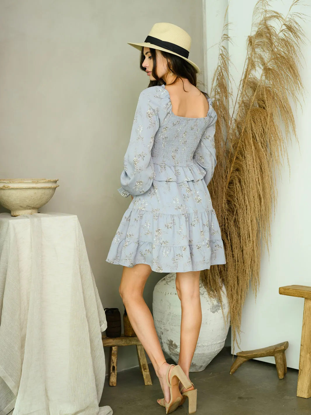 WOMEN'S LONG SLEEVE SMOCKED MINI DRESS