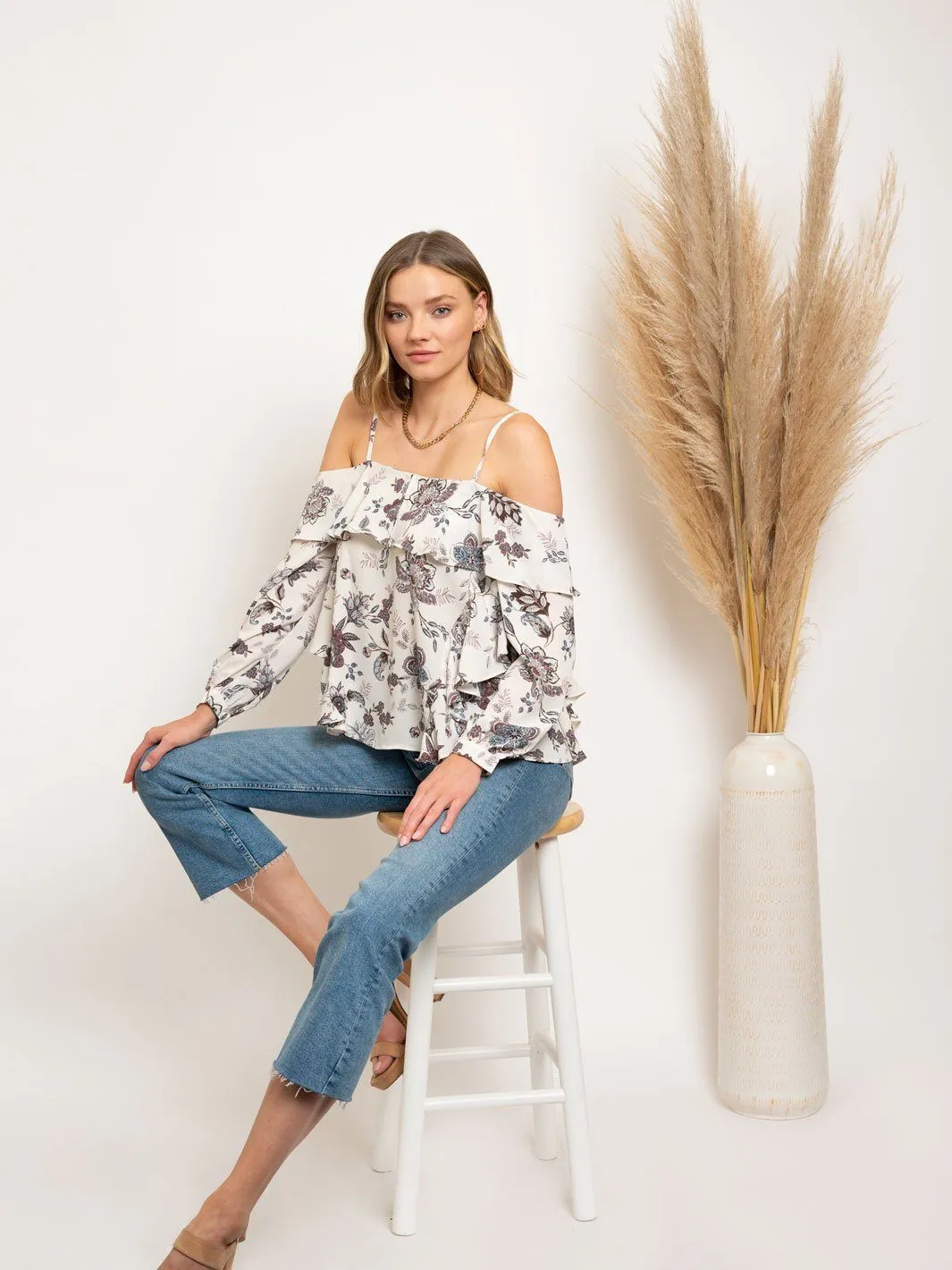WOMEN'S OFF SHOULDER RUFFLE FLORAL PRINT TOP