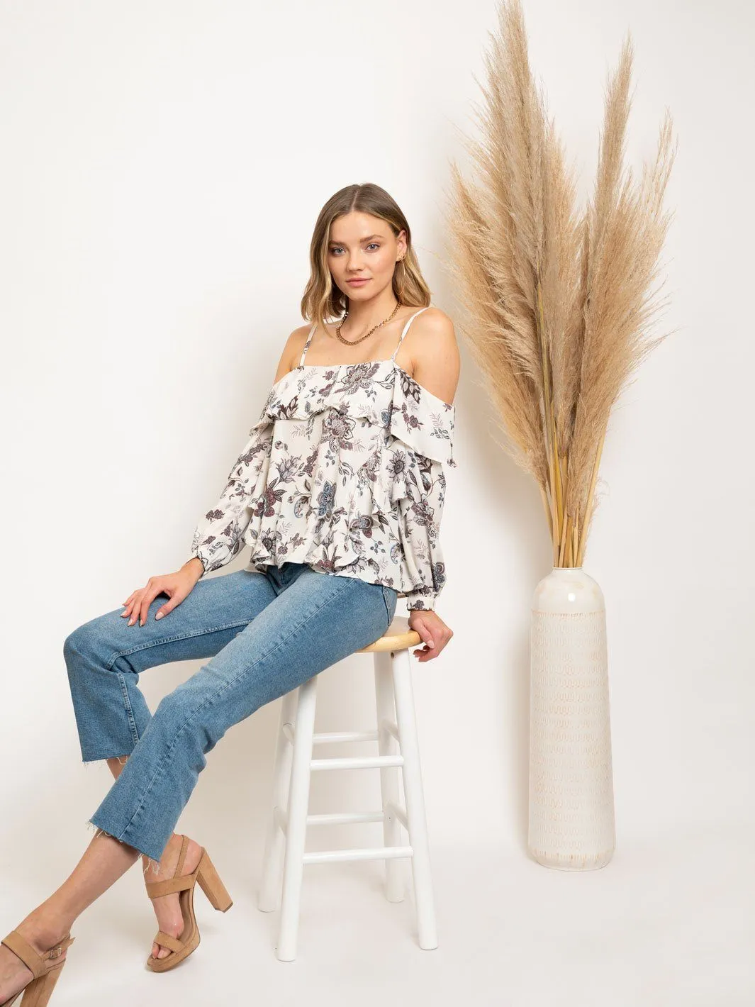 WOMEN'S OFF SHOULDER RUFFLE FLORAL PRINT TOP