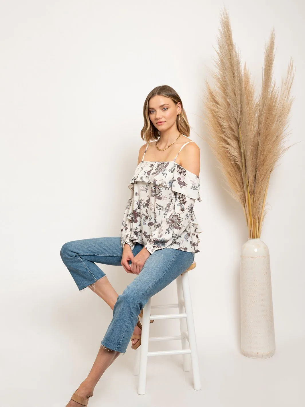 WOMEN'S OFF SHOULDER RUFFLE FLORAL PRINT TOP