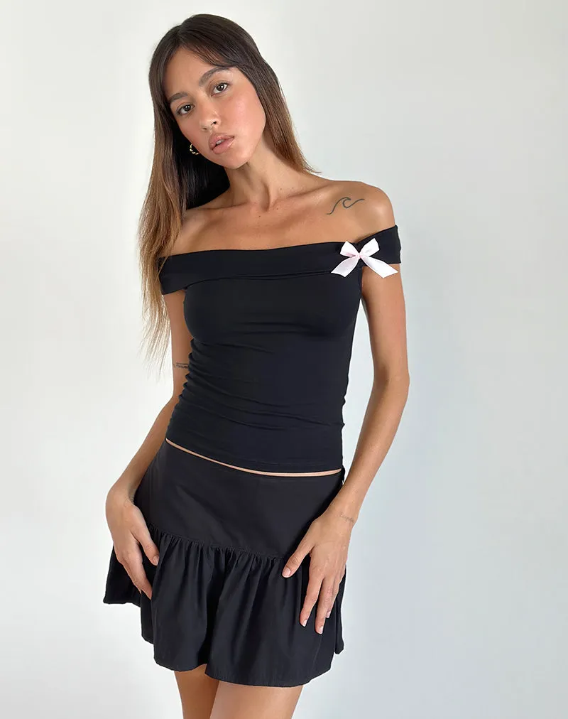 Xiroyi Bardot Top in Black with Pink Bow