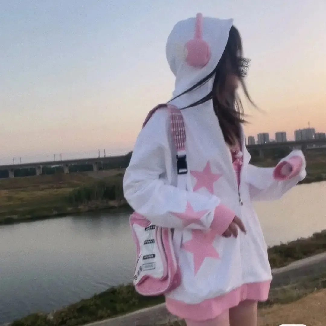 Y2K Fashion Spring Autumn Oversized Coat Sweatshirt Print Women's Hoodie Punk Couple Full Zip Up Hoodie Tops Kawaii Clothes